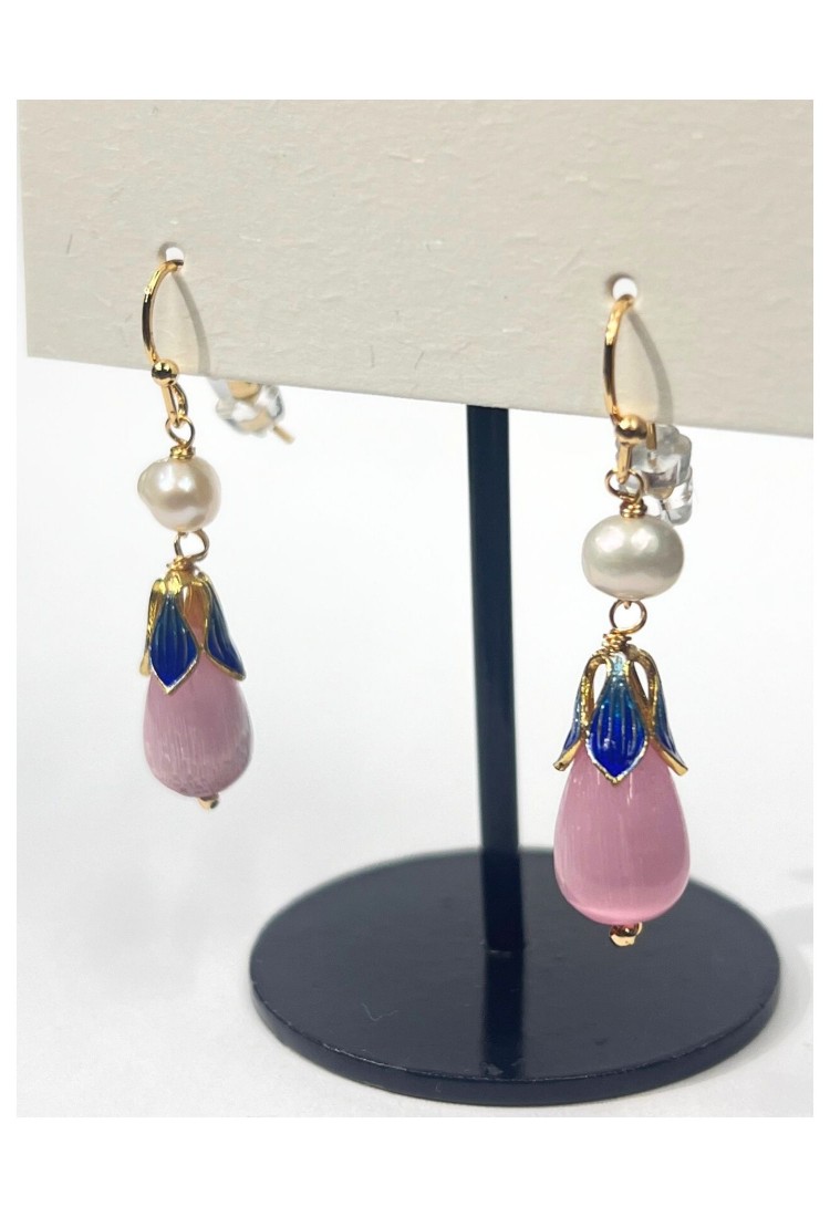 Rose Quartz and Pearl Drop Earrings WER337