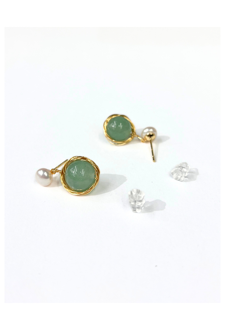 Earrings With Pearl And Green Jade WER342