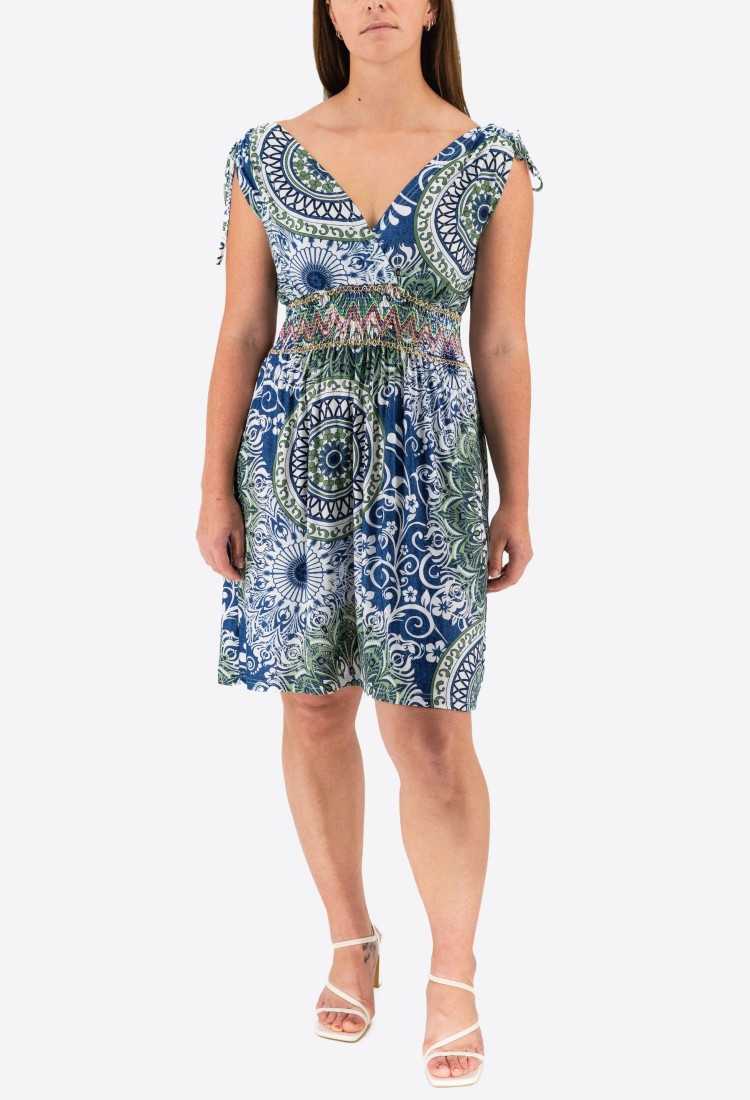 Printed Elastic Dress With Pleats 525719-3 Printed Elastic Dress With Pleats 525719-3
