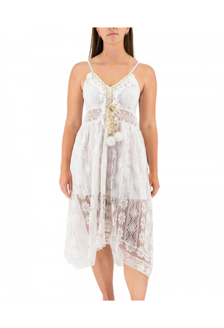 Women's White Dress With Asymmetrical Embroidery 525683