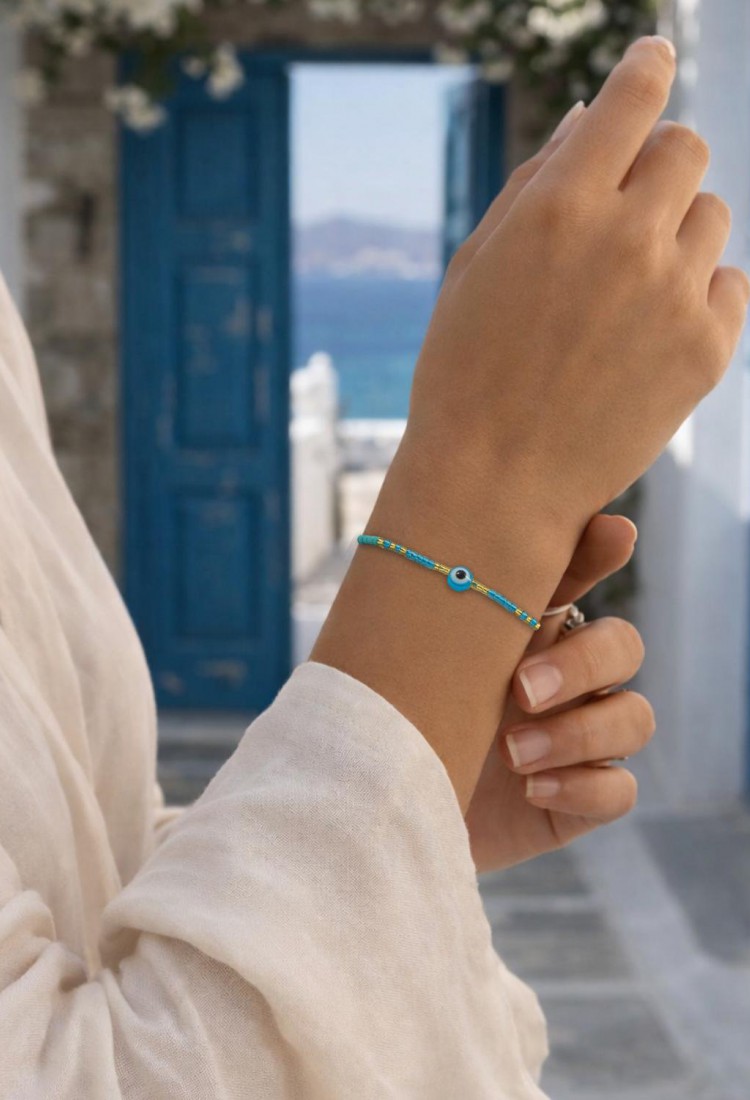 Women’s Handmade Macramé Bracelet With Light Blue Beads and Evil Eye 527277-6