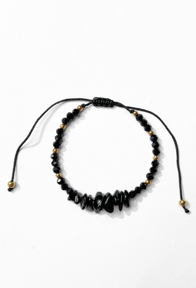 Women's Macrame Bracelet With Natural Black Onyx Stone and Shiny Beads 527299-7