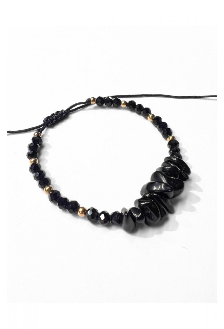 Women's Macrame Bracelet With Natural Black Onyx Stone and Shiny Beads 527299-7