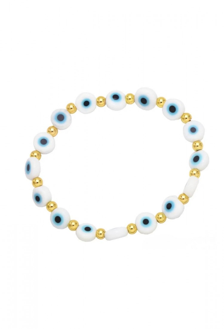 Γυναικείο Βραχιόλι Ελαστικό Evil Eye Με Λευκά Μάτια Και Χρυσές Χάντρες 527286-2