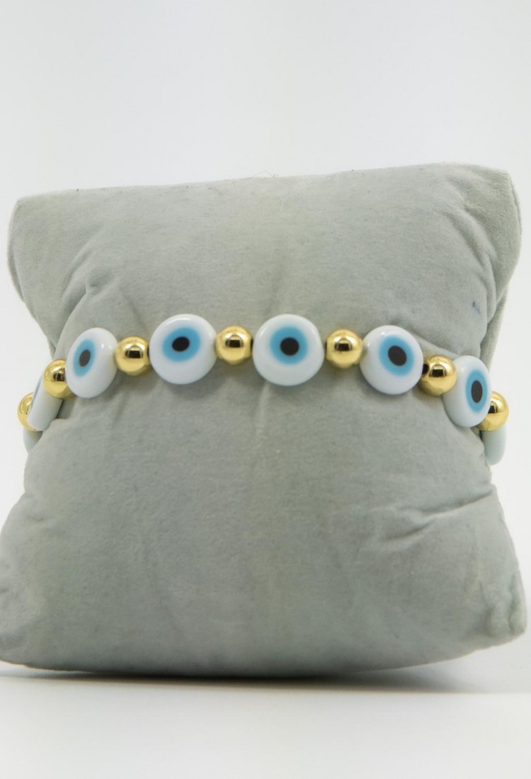 Γυναικείο Βραχιόλι Ελαστικό Evil Eye Με Λευκά Μάτια Και Χρυσές Χάντρες 527286-2
