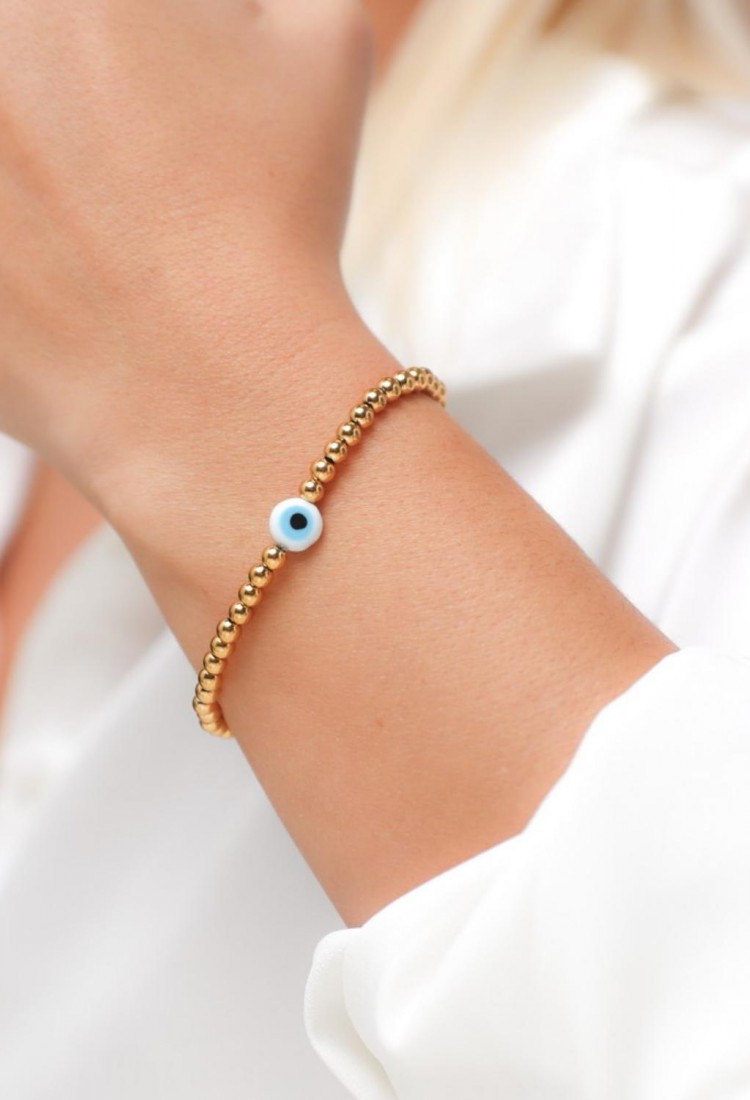 Γυναικείο Ελαστικό Βραχιόλι Με Evil Eye Μάτι Και Χάντρες Ορείχαλκου 527292-2