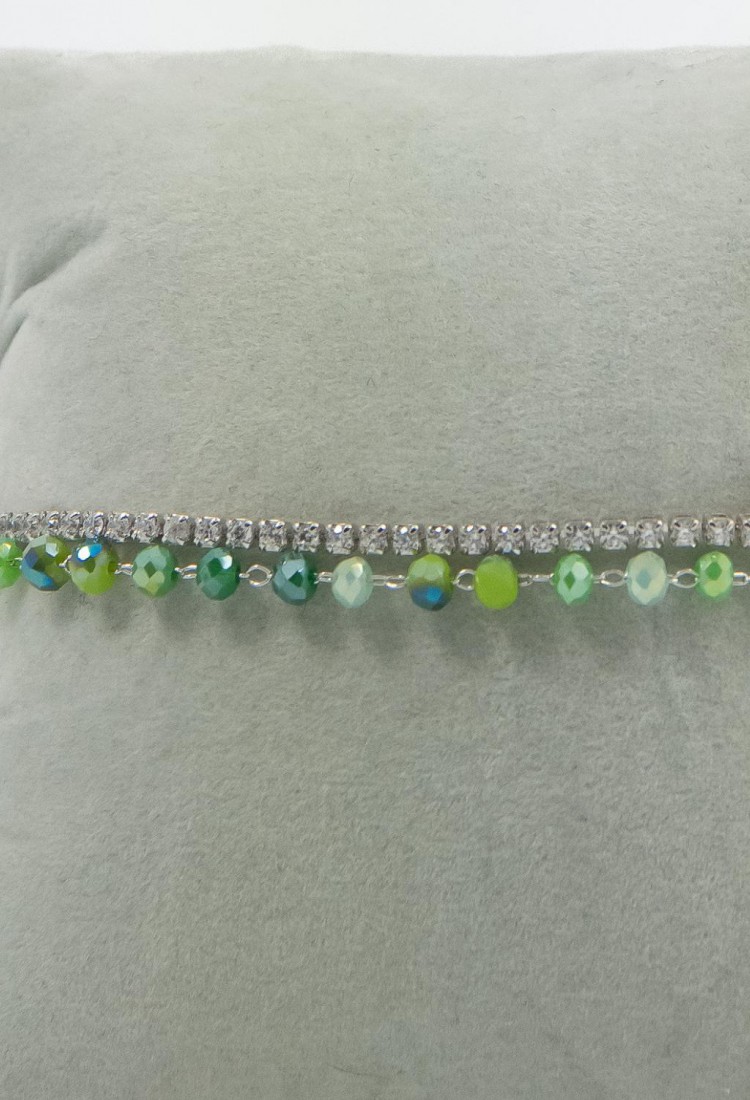 Women's Double Bracelet Silver With Green Beads And Shiny Stones 527295-2