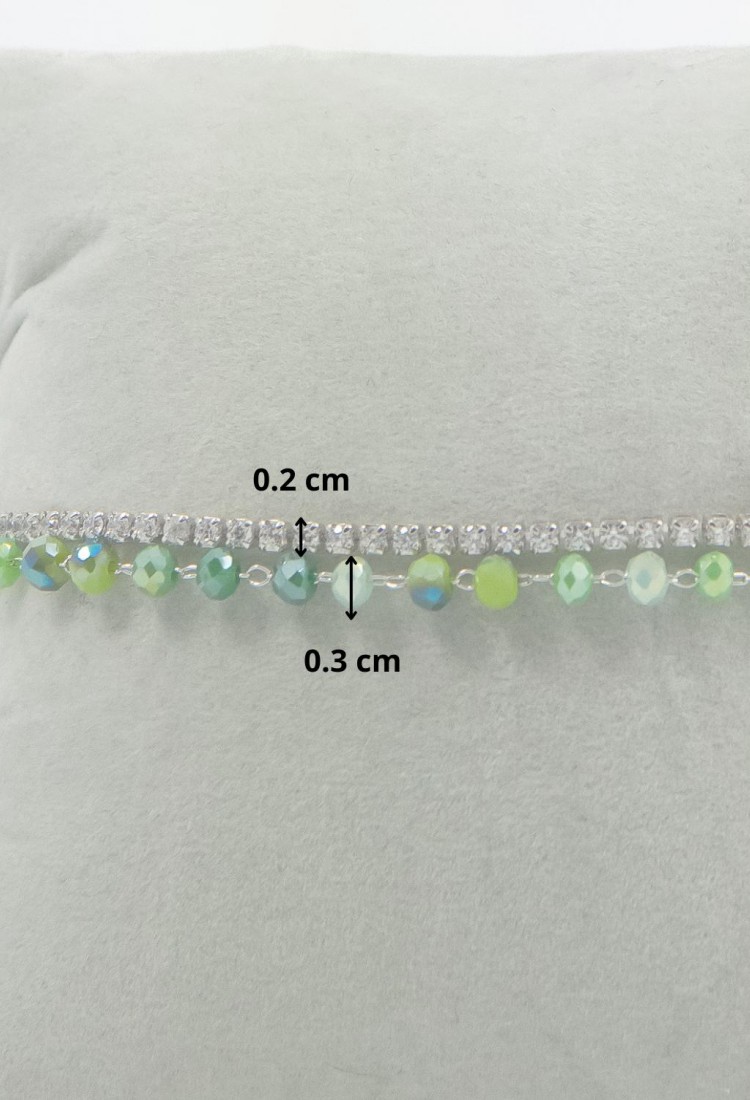 Women's Double Bracelet Silver With Green Beads And Shiny Stones 527295-2