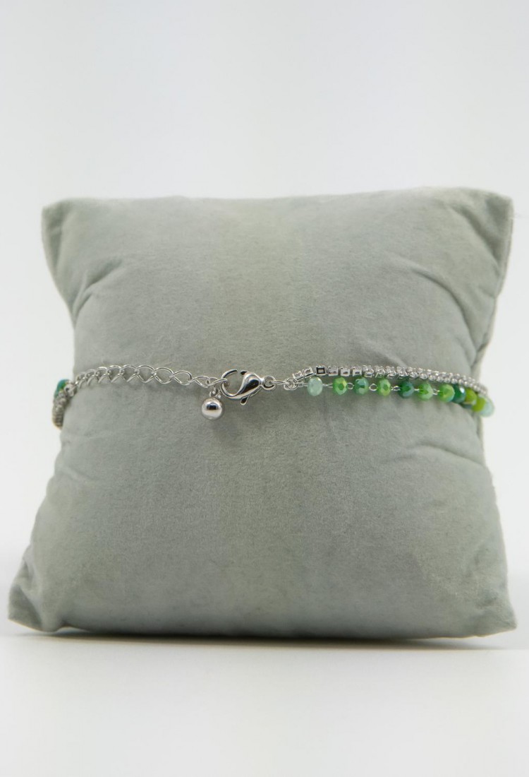 Women's Double Bracelet Silver With Green Beads And Shiny Stones 527295-2