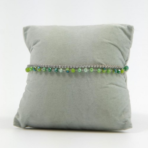 Women's Double Bracelet Silver With Green Beads And Shiny Stones 527295-2