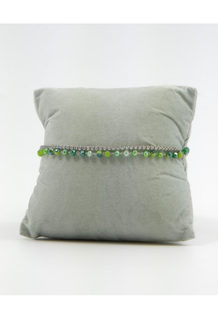 Women's Double Bracelet Silver With Green Beads And Shiny Stones 527295-2