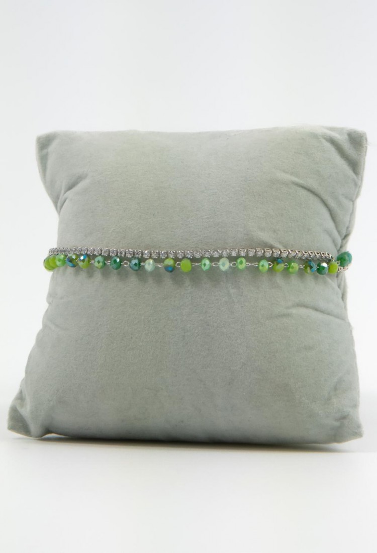 Women's Double Bracelet Silver With Green Beads And Shiny Stones 527295-2