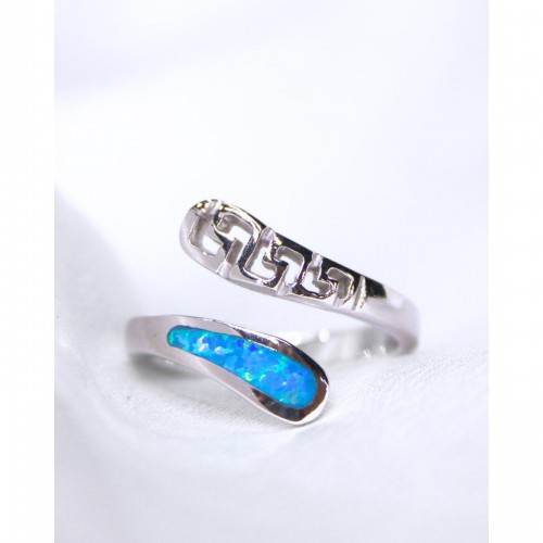 Women's Silver 925 Adjustable Open Ring with Blue Opal Modern Curved Design 527376