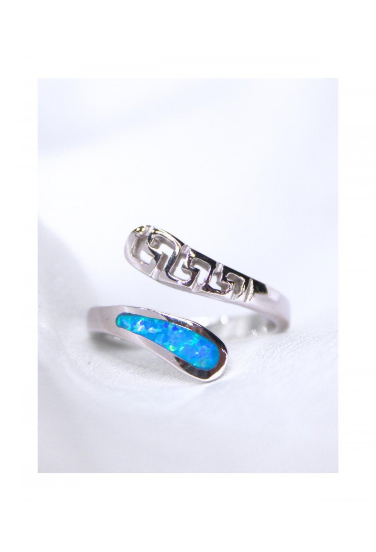 Women's Silver 925 Adjustable Open Ring with Blue Opal Modern Curved Design 527376