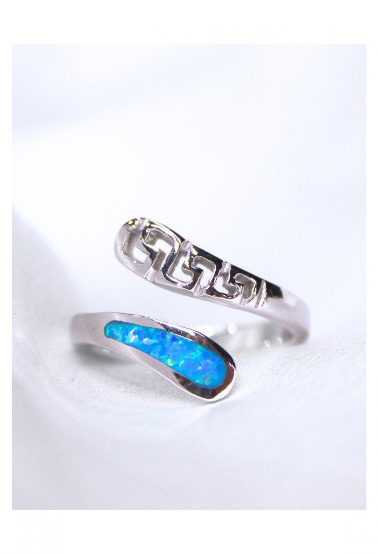 Women's Silver 925 Adjustable Open Ring with Blue Opal Modern Curved Design 527376