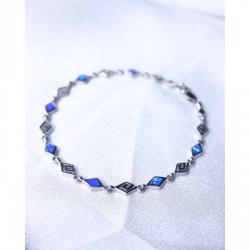 Women's Silver 925 Blue Opal Bracelet Rhombus Link Greek Pattern Design 19,5 cm 5,8 gr. 527402