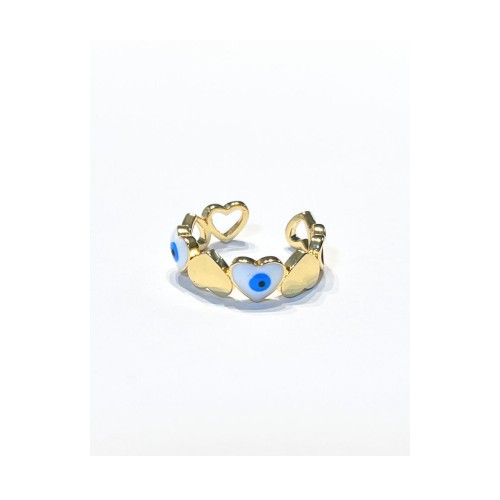Women’s Gold-Plated Brass Ring With White Evil Eye And Heart Links Adjustable 527307-3