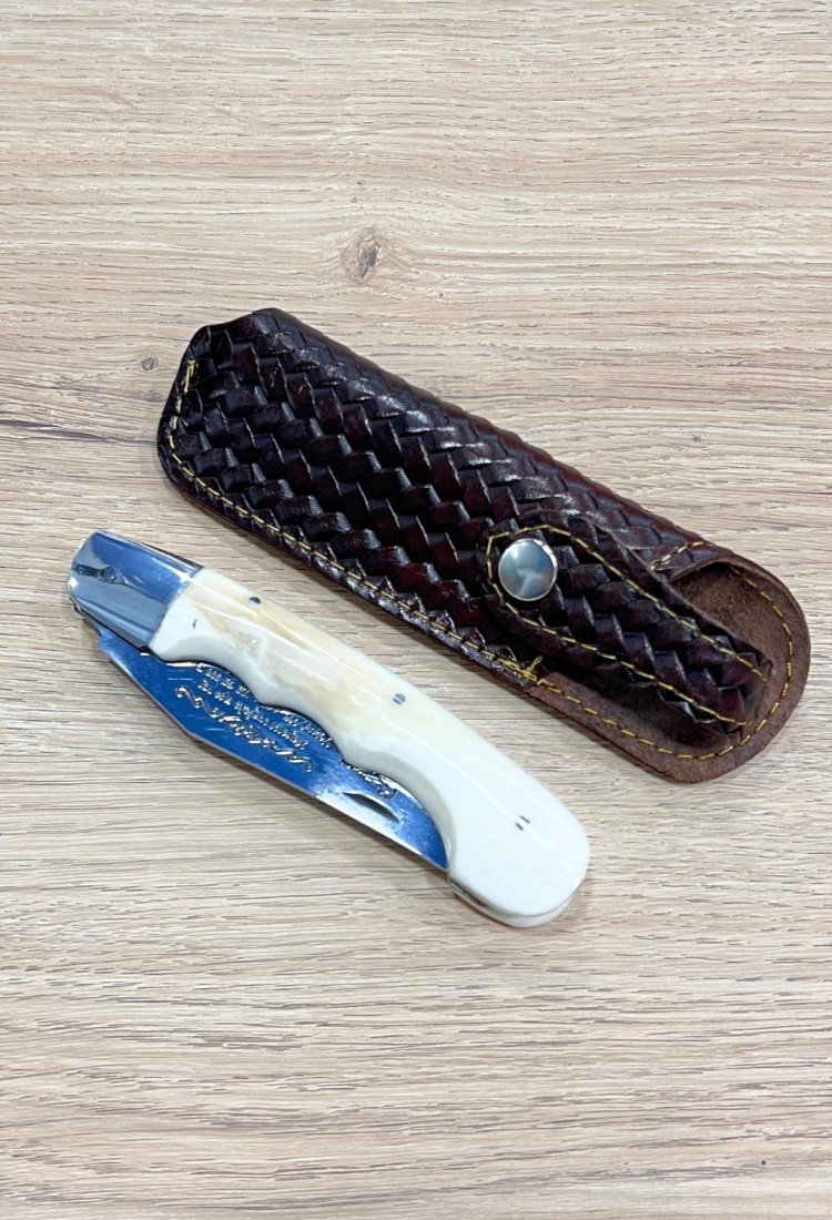 Traditional Cretan folding knife 21cm with bone handle and leather case