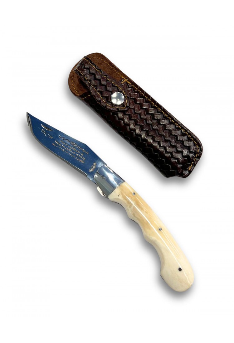 Cretan Bone Handle Folding Knife 21cm With Mantinada And Leather Case