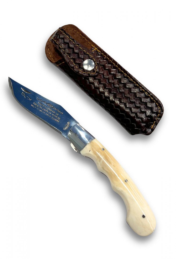 Traditional Cretan folding knife 21cm with bone handle and leather case
