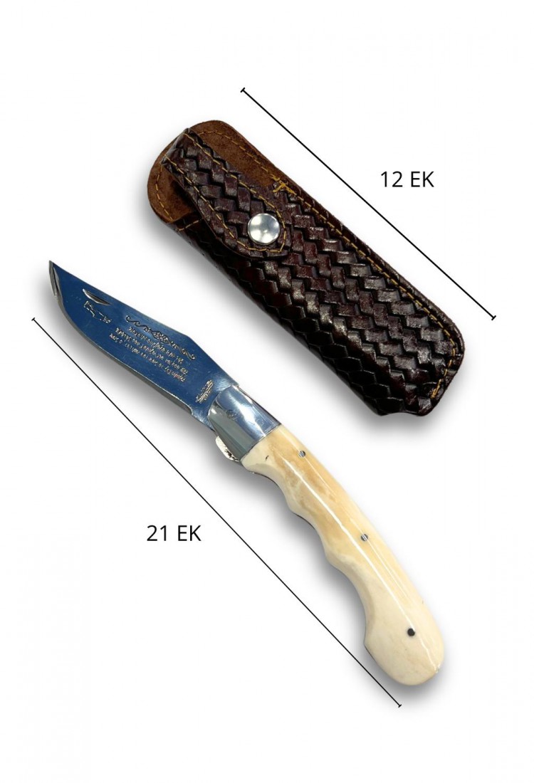 Traditional Cretan folding knife 21cm with bone handle and leather case