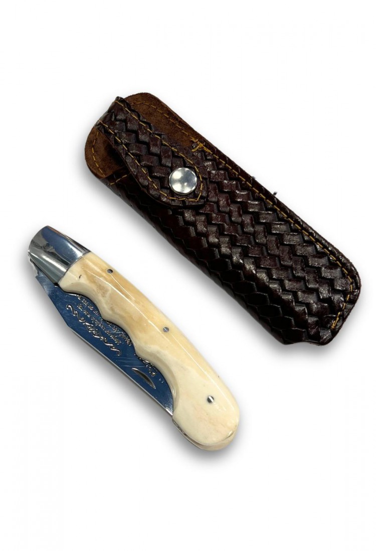 Traditional Cretan folding knife 21cm with bone handle and leather case