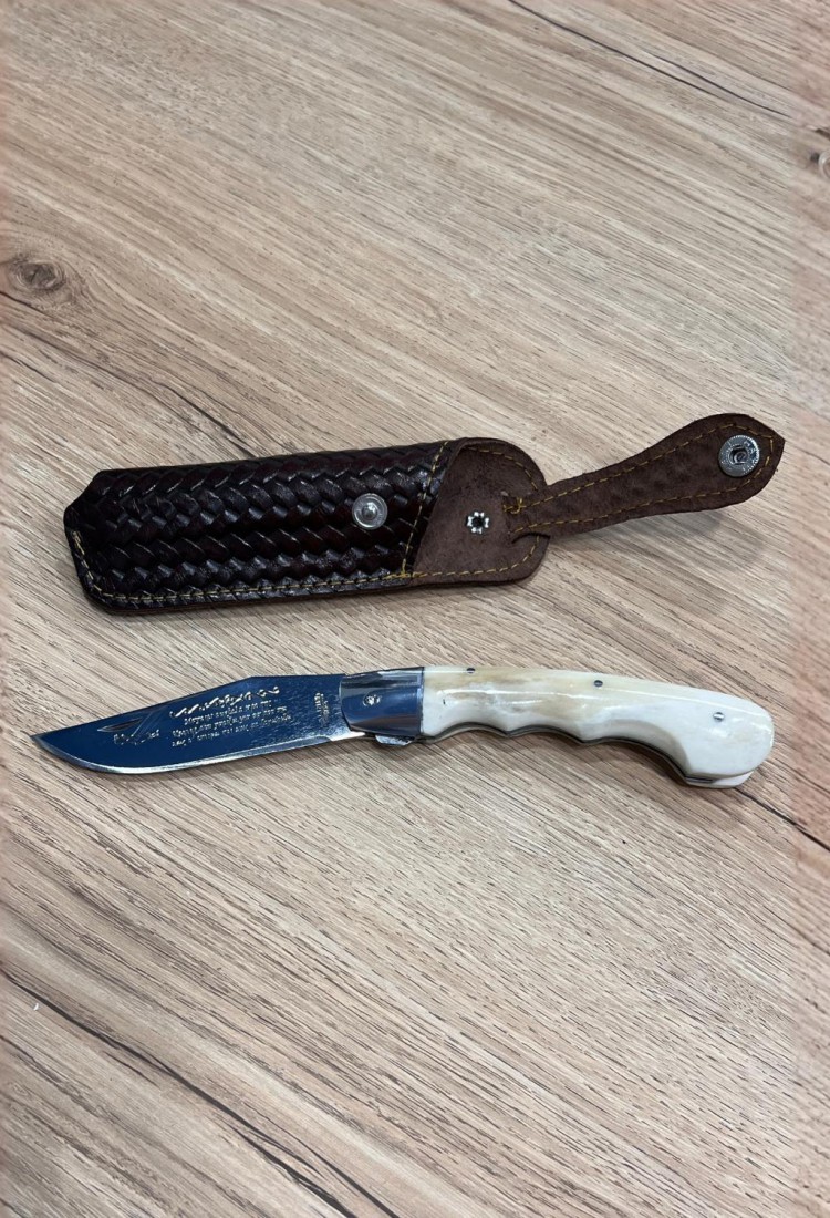 Traditional Cretan folding knife 21cm with bone handle and leather case