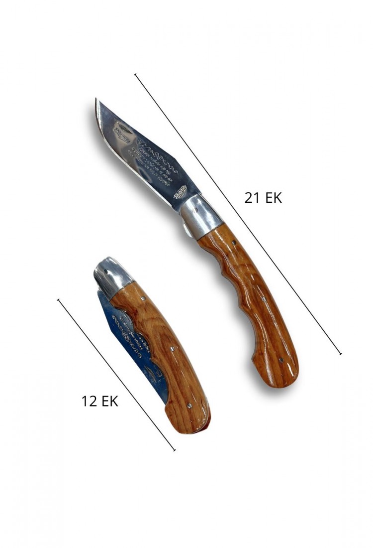Traditional Cretan folding knife 21cm with olive wood handle and leather case