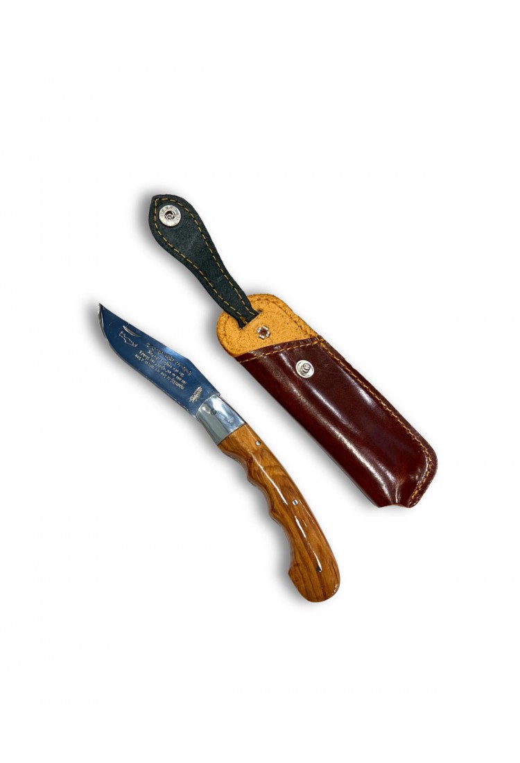 Cretan Folding Knife 21cm With Olive Wood Handle, Mantinada And Leather Case> Cretan Folding Knife 21cm With Olive Wood Handle, Mantinada And Leather Case