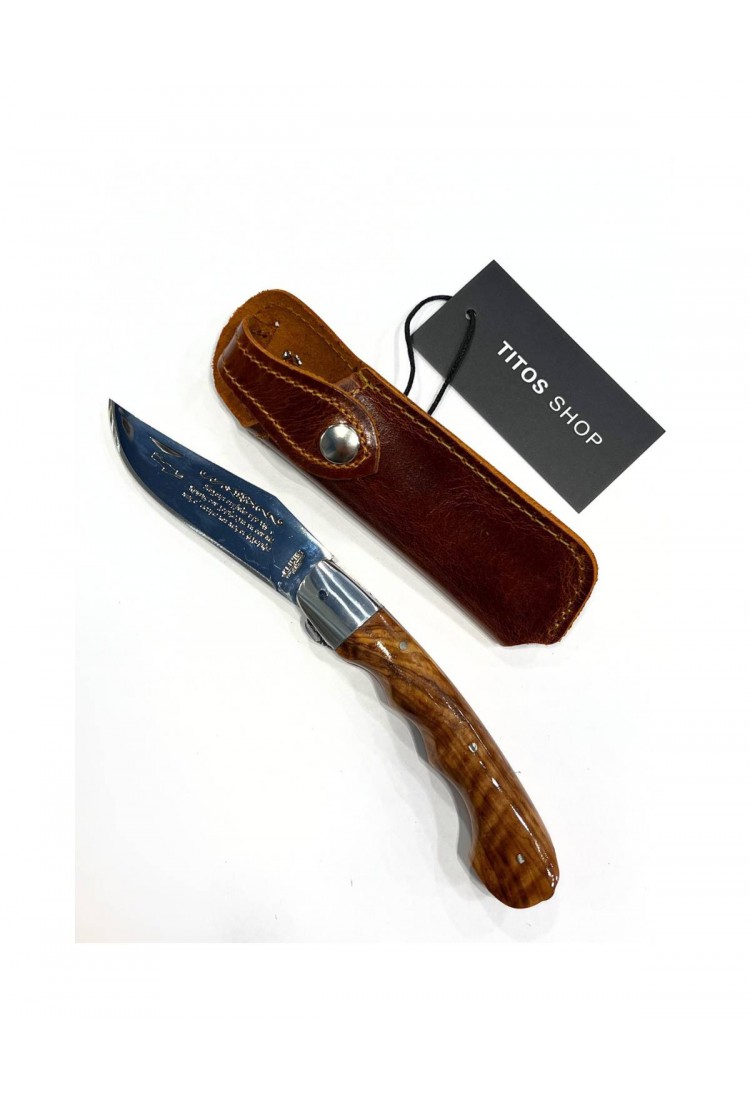 Cretan 21cm Folding Knife With Safety Lock, Olive Wood Handle, Mantinada And Leather Case