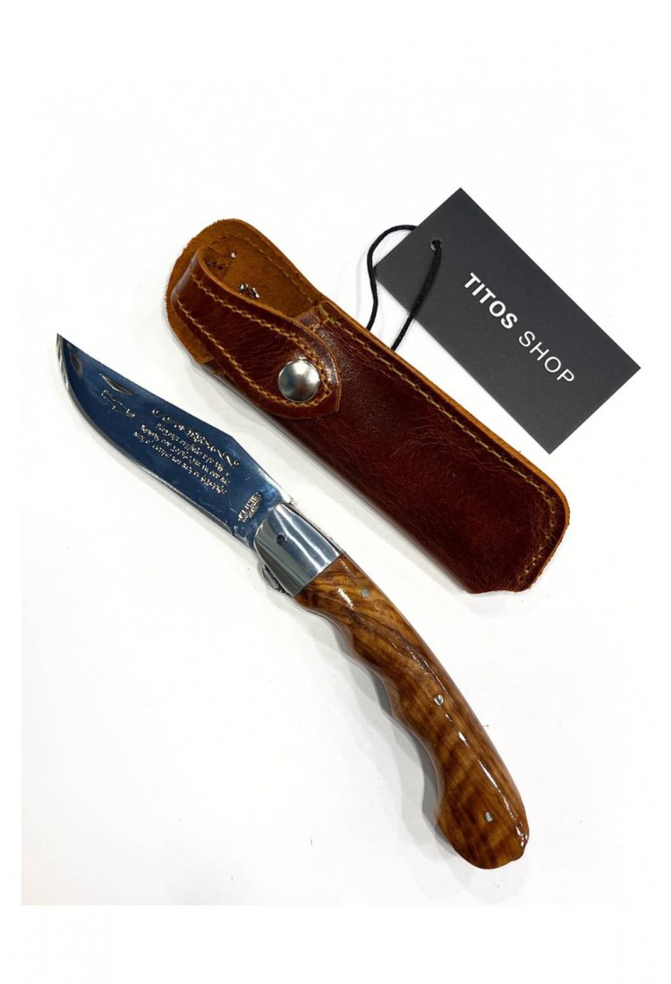 Traditional Cretan 21cm folding knife with olive wood handle and leather case