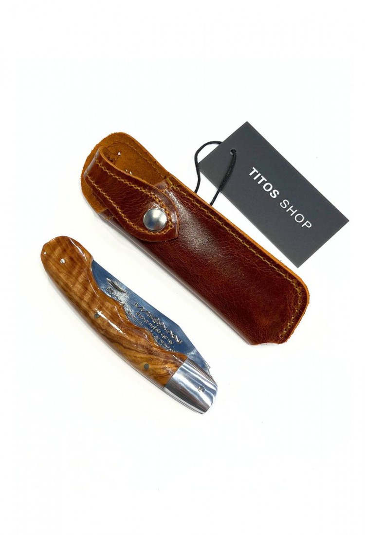 Traditional Cretan 21cm folding knife with olive wood handle and leather case