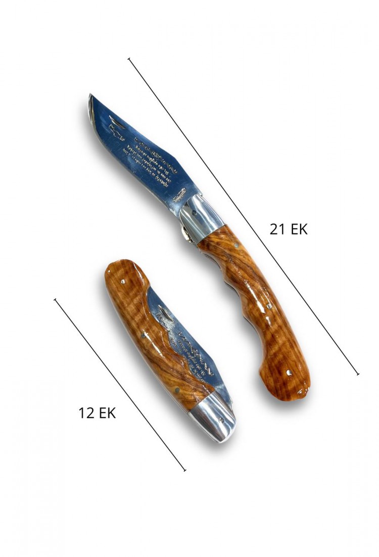 Traditional Cretan 21cm folding knife with olive wood handle and leather case
