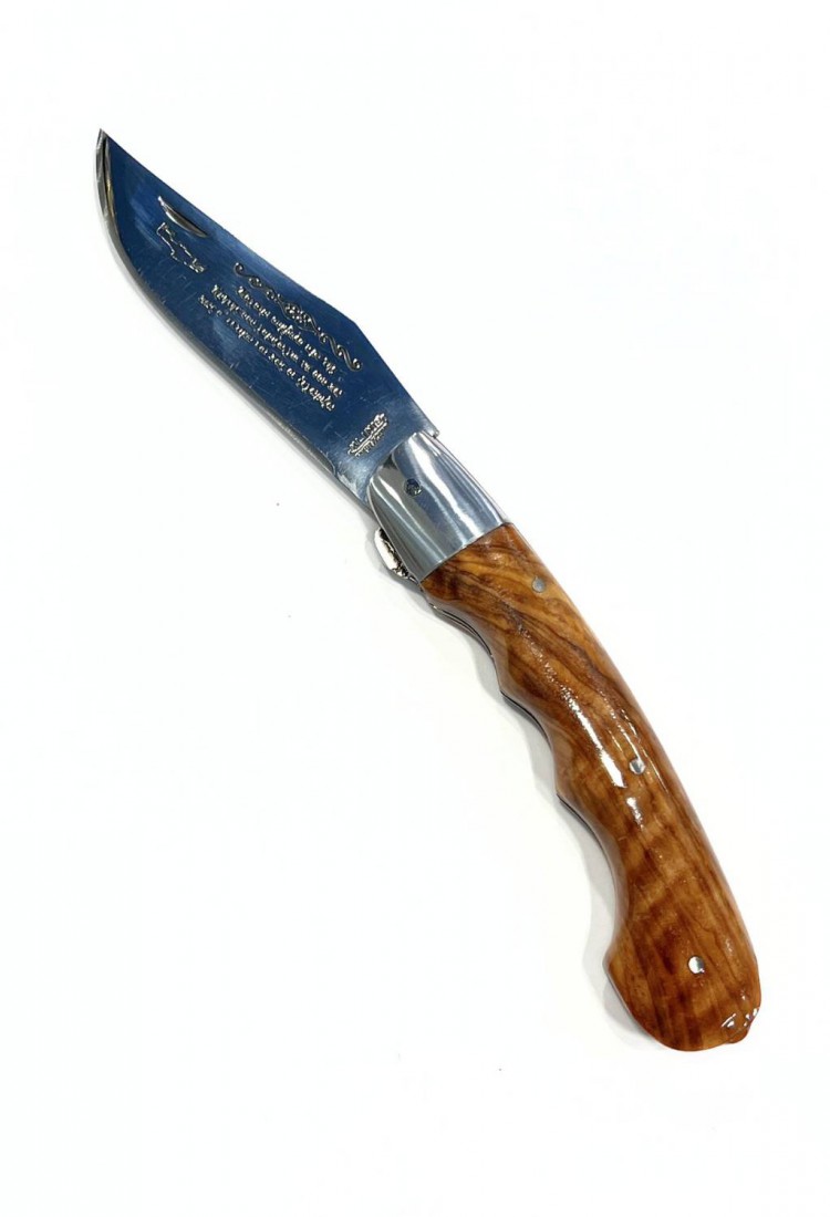 Traditional Cretan 21cm folding knife with olive wood handle and leather case