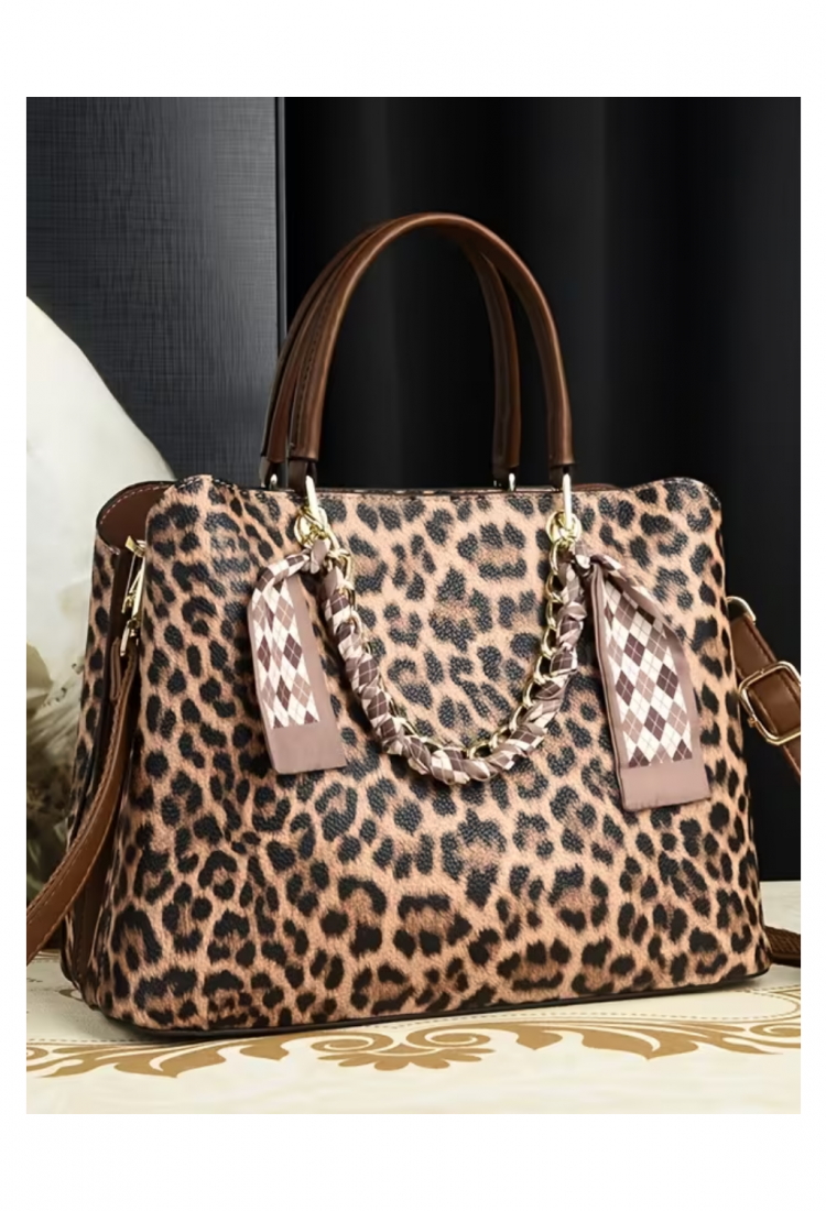 Women's leopard print handbag with decorative chain 527607