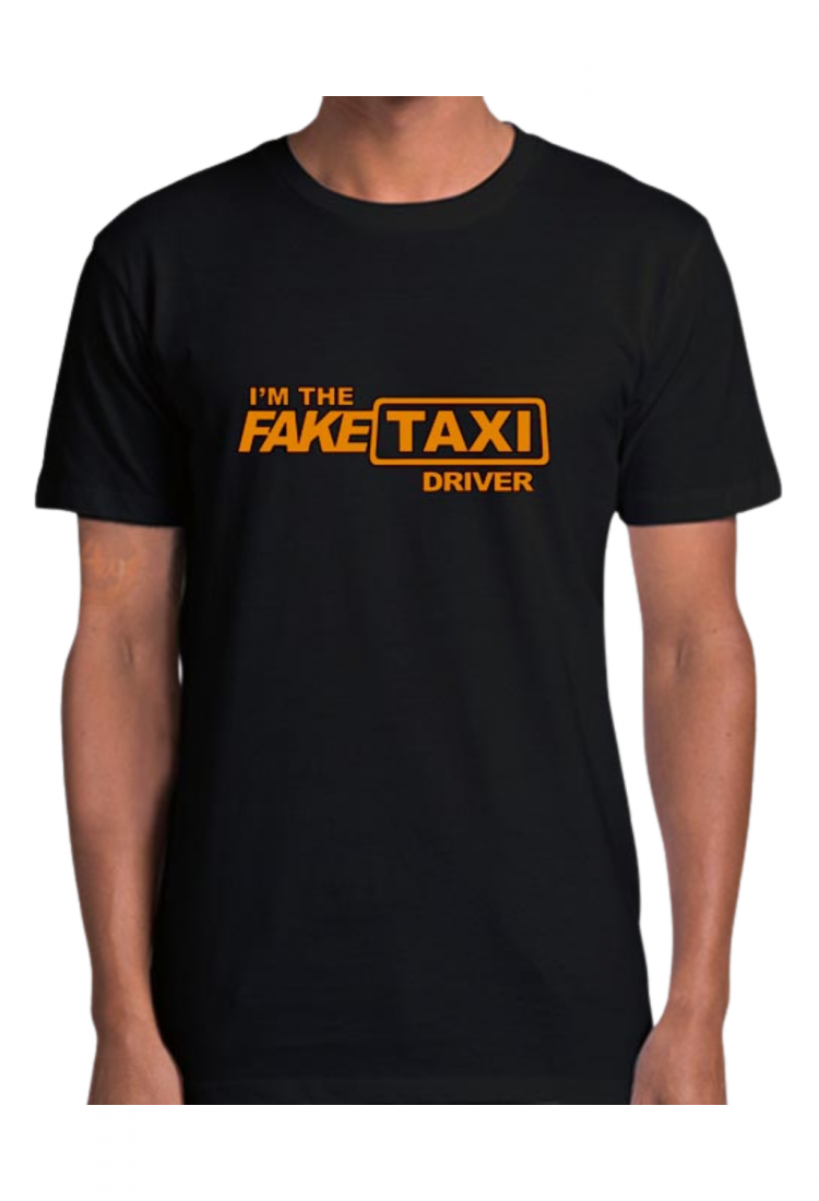Ανδρική μαύρη κοντομάνικη μπλούζα I'm The Fake Taxi Driver με πορτοκαλί στάμπα από 100% βαμβάκι Casual Streetwear Μπλούζα για Καθημερινές Εμφανίσεις