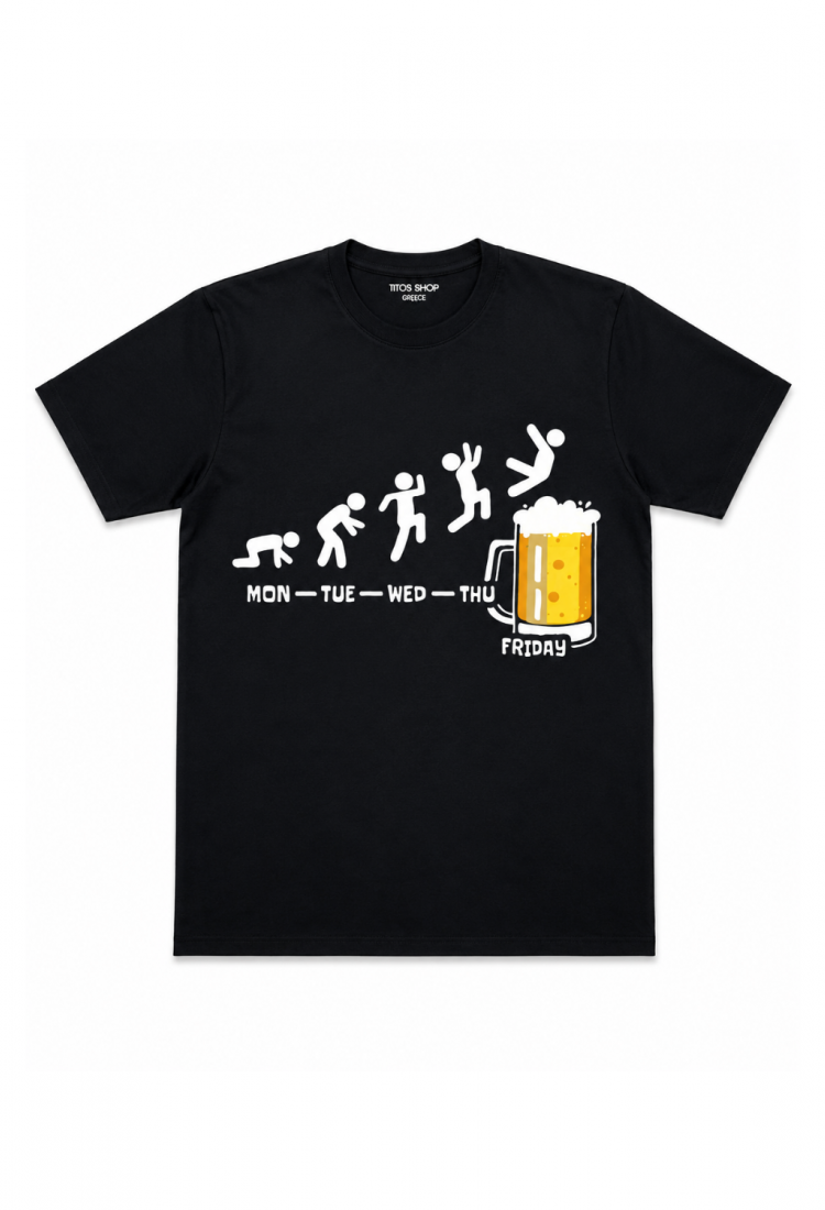 Ανδρική Μπλούζα Friday Beer Evolution 100% Βαμβάκι Ανδρική μαύρη κοντομάνικη μπλούζα Friday Beer Evolution από 100% βαμβάκι