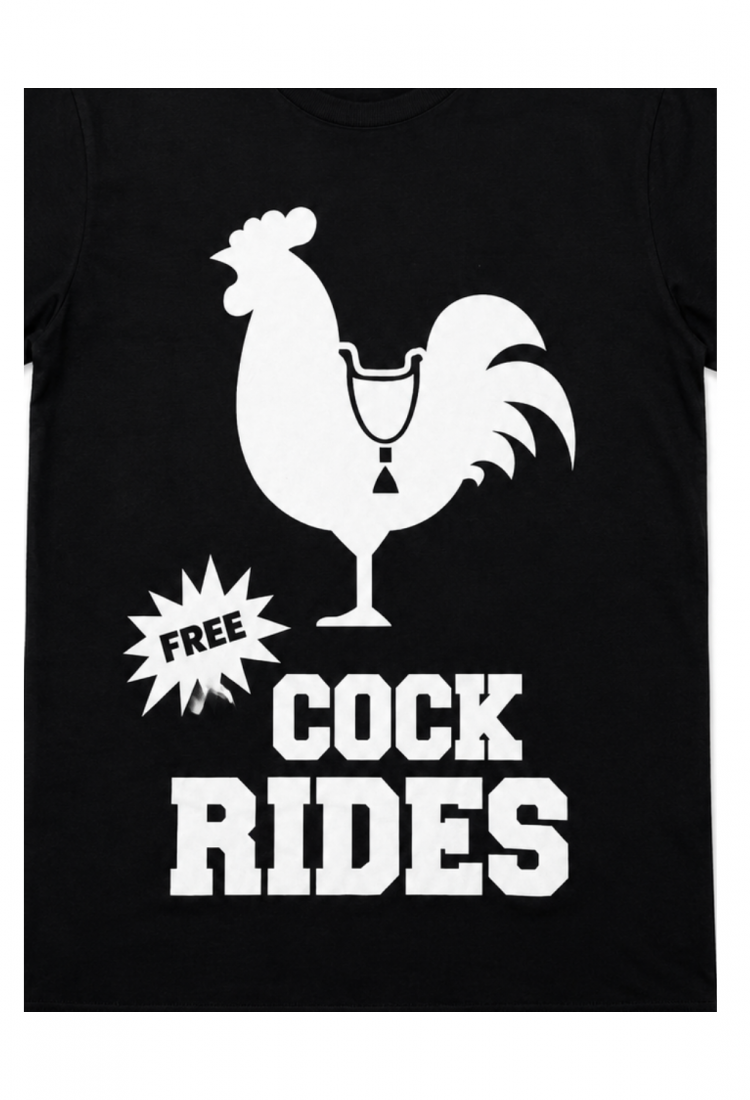 Black Free Cock Rides rooster men's 100% cotton t-shirt with white graphic print