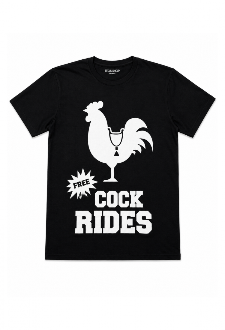 Free Cock Rides Rooster Men's T-Shirt 100% Cotton Black Free Cock Rides rooster men's 100% cotton t-shirt with white graphic print