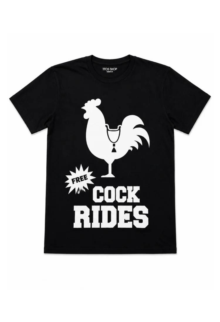 Ανδρική Μπλούζα Free Cock Rides Κόκορας | 100% Βαμβάκι | Titos Shop Ανδρική μαύρη κοντομάνικη μπλούζα Free Cock Rides με λευκή στάμπα κόκορα από 100% βαμβάκι
