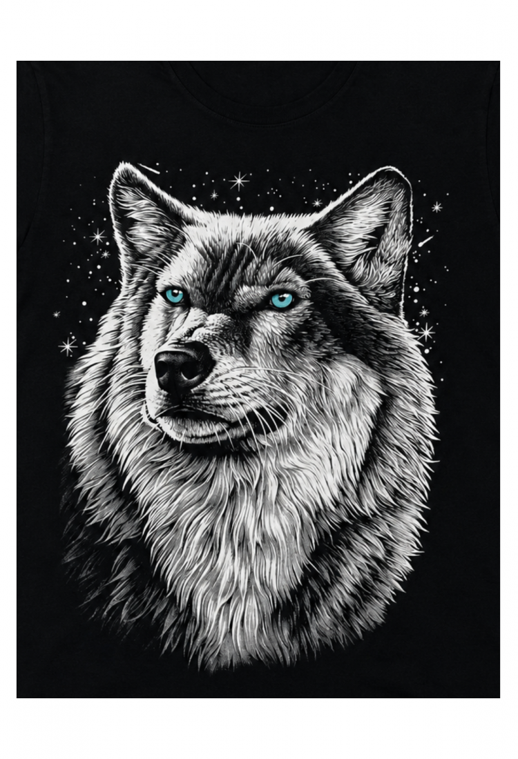 Black men's short sleeve wolf screen print t-shirt made from 100% cotton