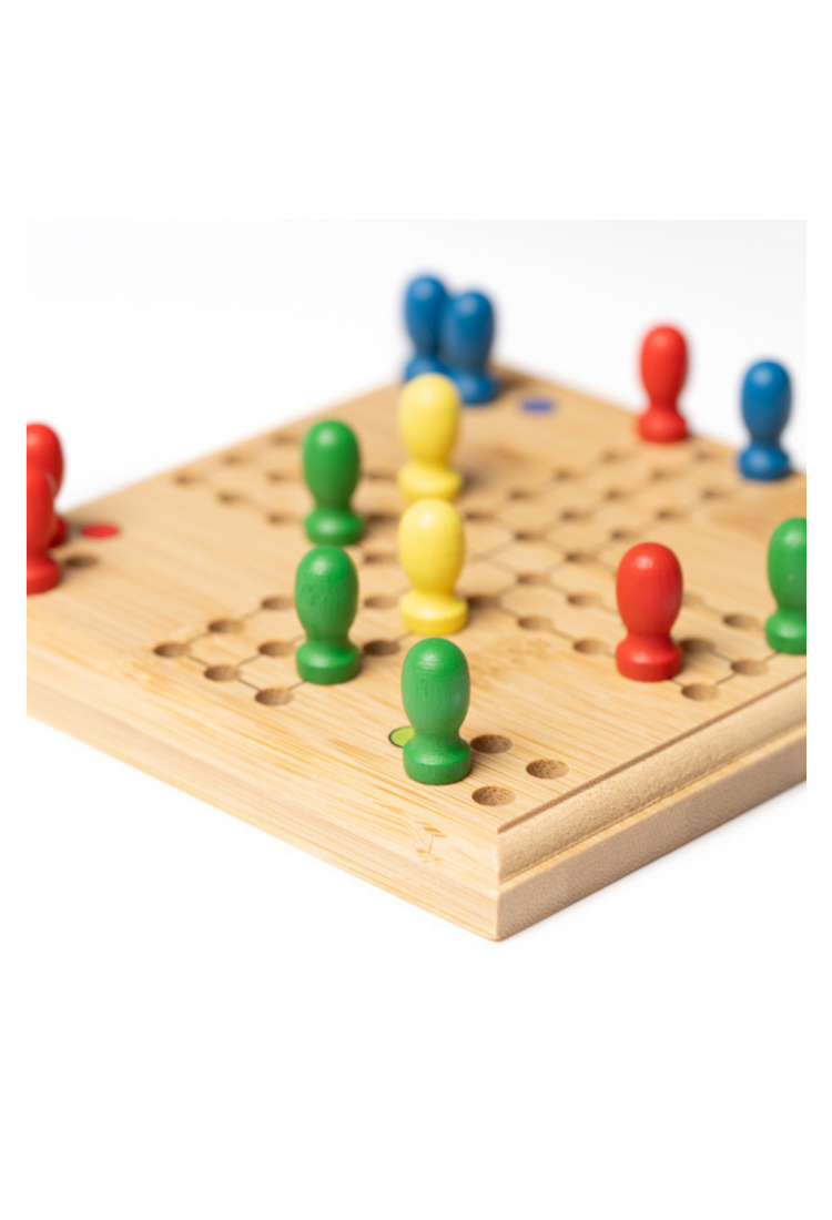 Wooden Ludo board game with colourful pieces and die 528944