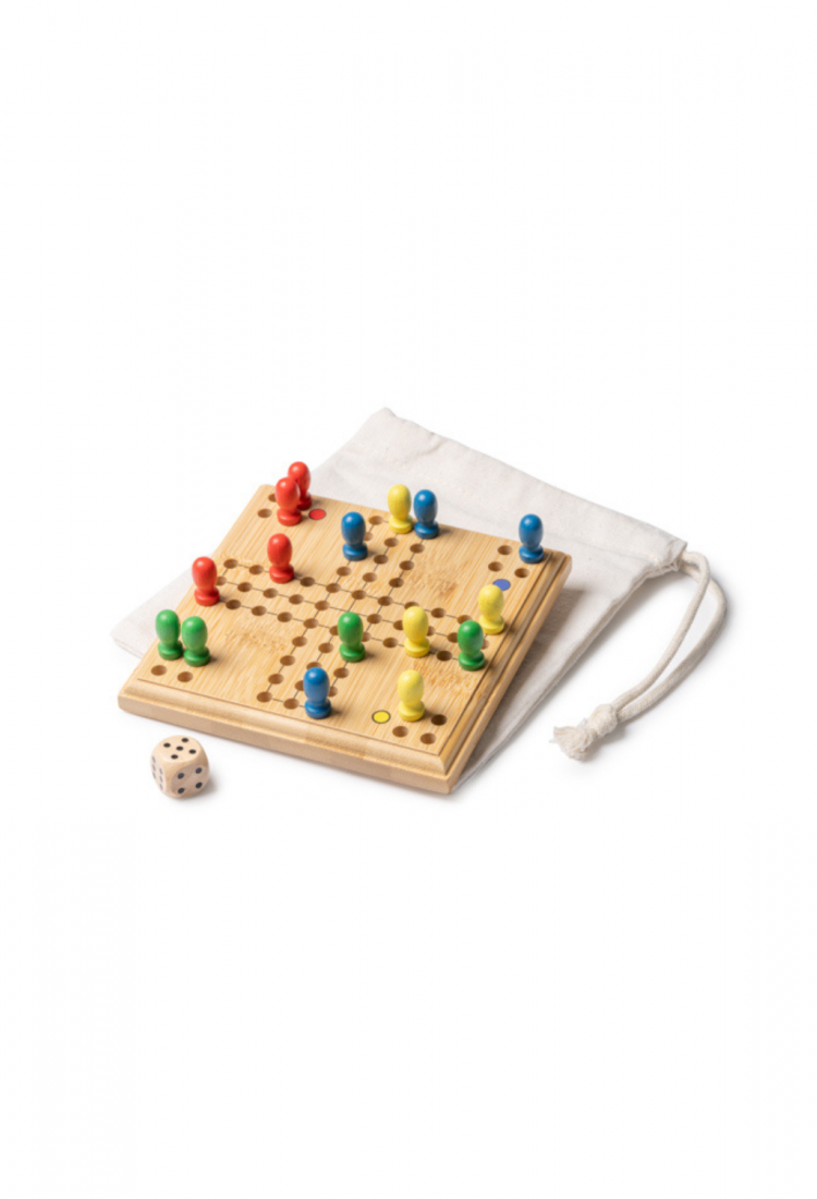 Wooden Ludo board game with colourful pieces and die 528944