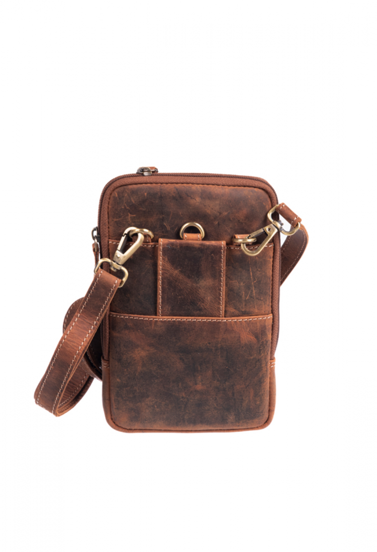 Brown leather crossbody shoulder bag with zippered compartments 528967