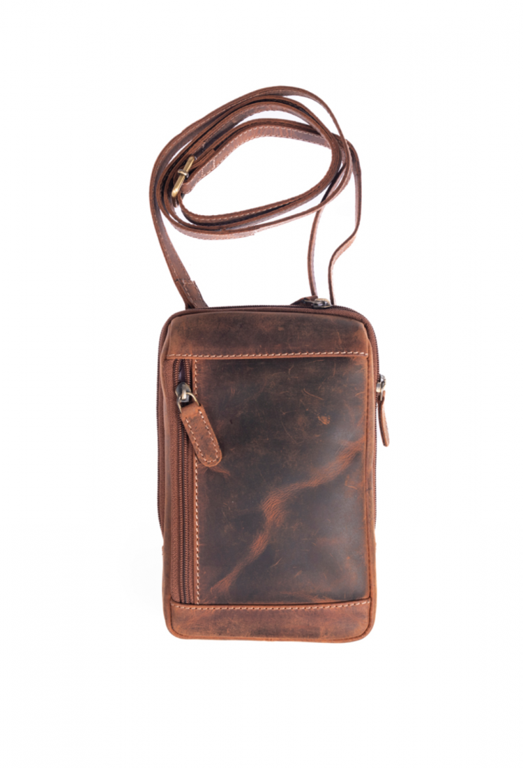 Brown leather crossbody shoulder bag with zippered compartments 528967
