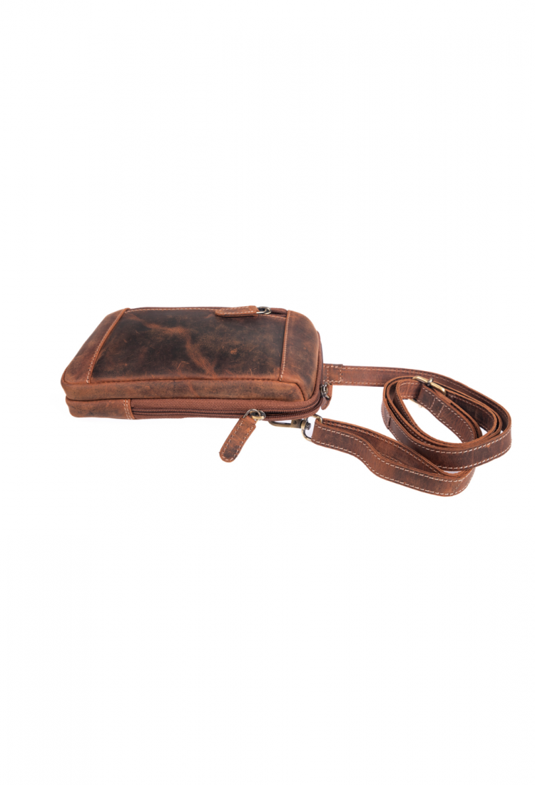 Brown leather crossbody shoulder bag with zippered compartments 528967