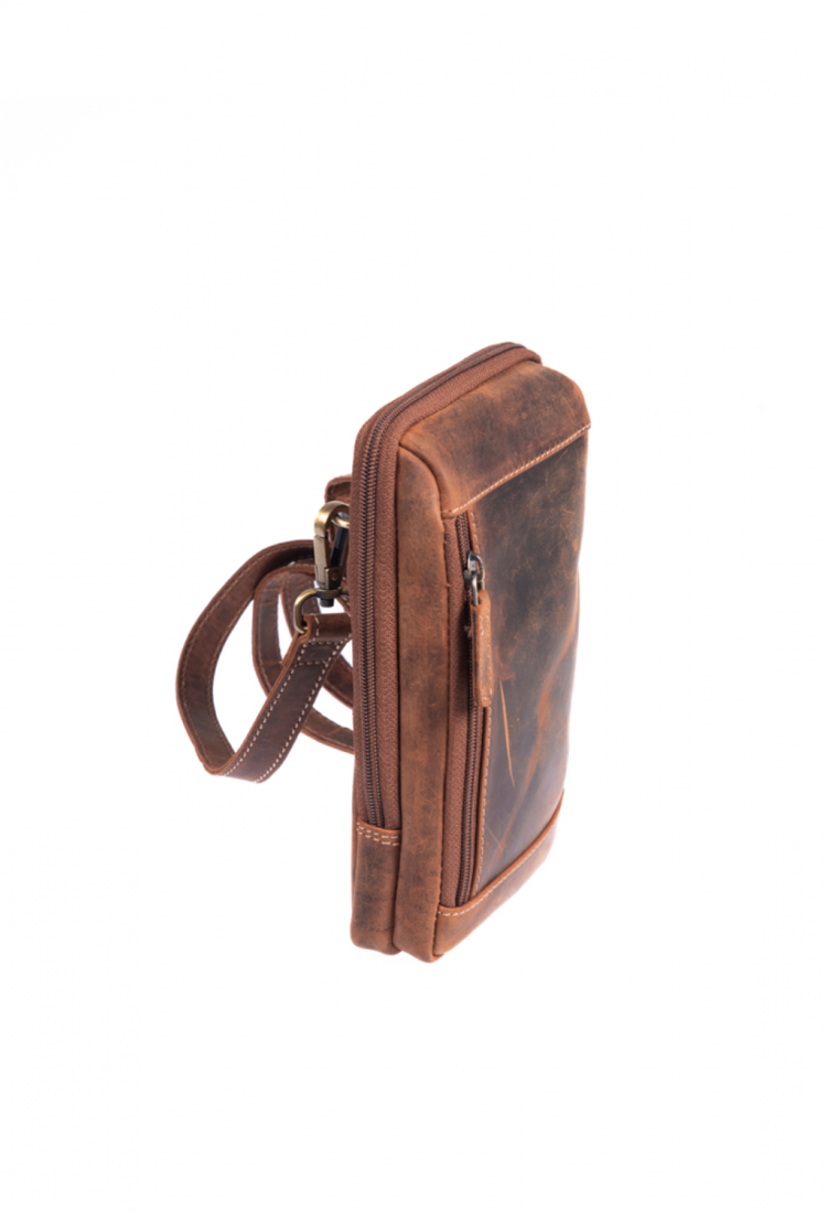 Brown leather crossbody shoulder bag with zippered compartments 528967
