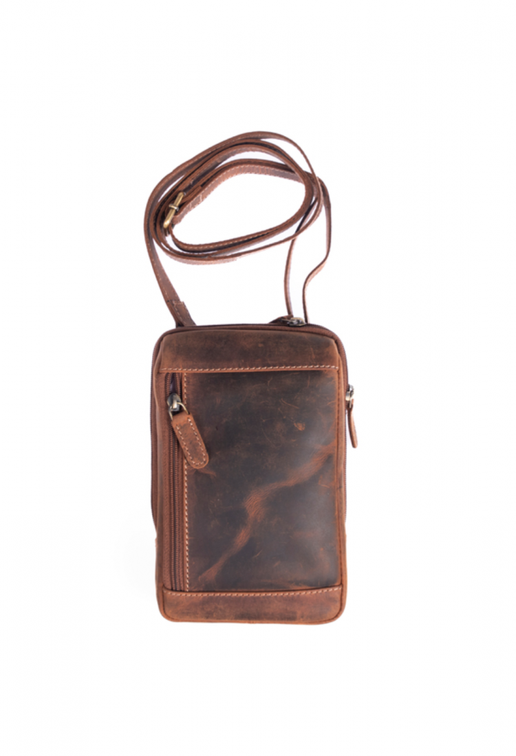 Leather Crossbody Shoulder Bag 528967 Brown leather crossbody shoulder bag with zippered compartments 528967