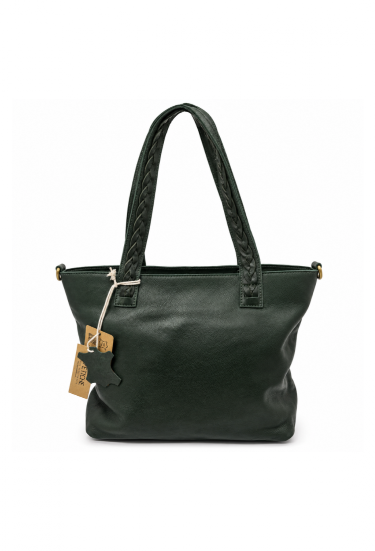 Women's dark green leather shoulder bag with braided handles 528962