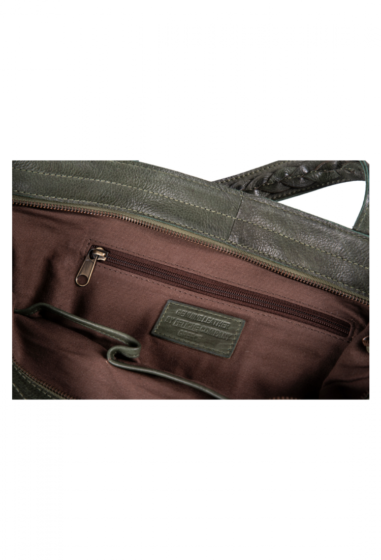 Women's dark green leather shoulder bag with braided handles 528962